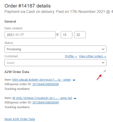 Edit order tracking number