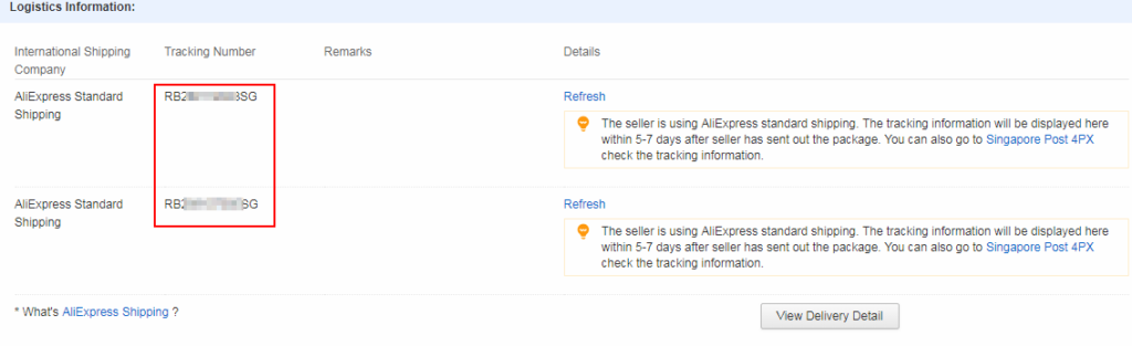 each aliexpress order item has own tracking number 