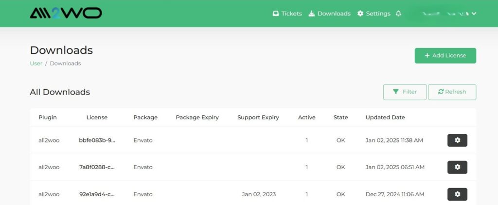 Downloads section in account