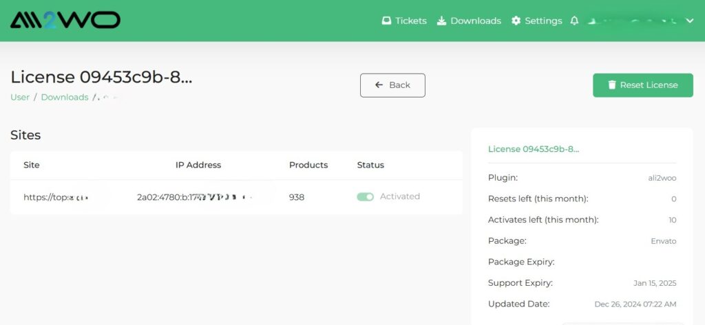 License assigned websites information