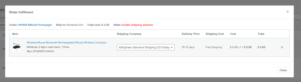 Invalid shipping address