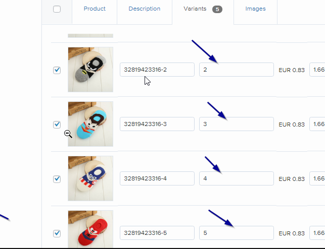 Change variant values