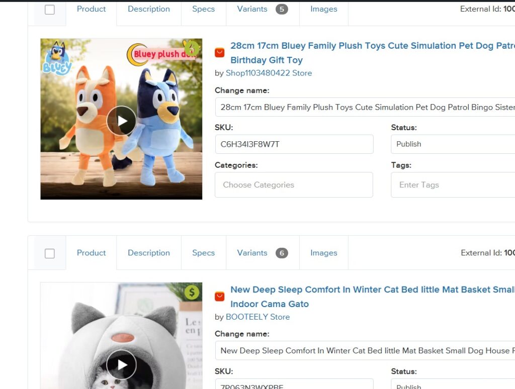 Product video preview import list
