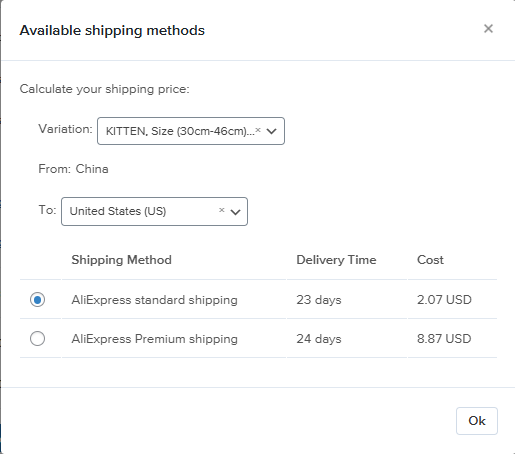 Apply aliexpress shipping modal