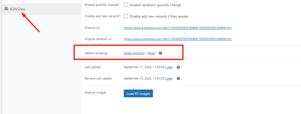 Set aliexpress shipping method to woocommerce product